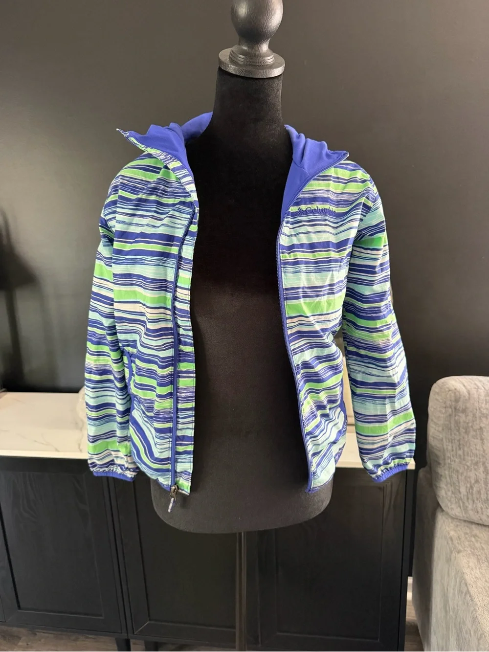 Columbia Kids Omni-Wick Hooded Jacket Size M Blue Green Striped Lightweight